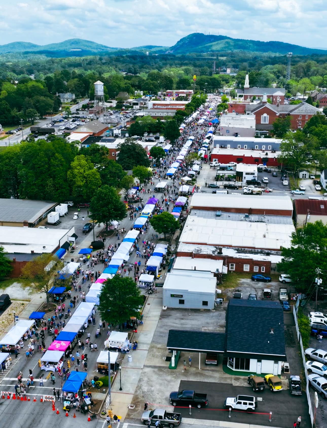 Aerial view of Pickens Azalea Festival vendors lining Main Street