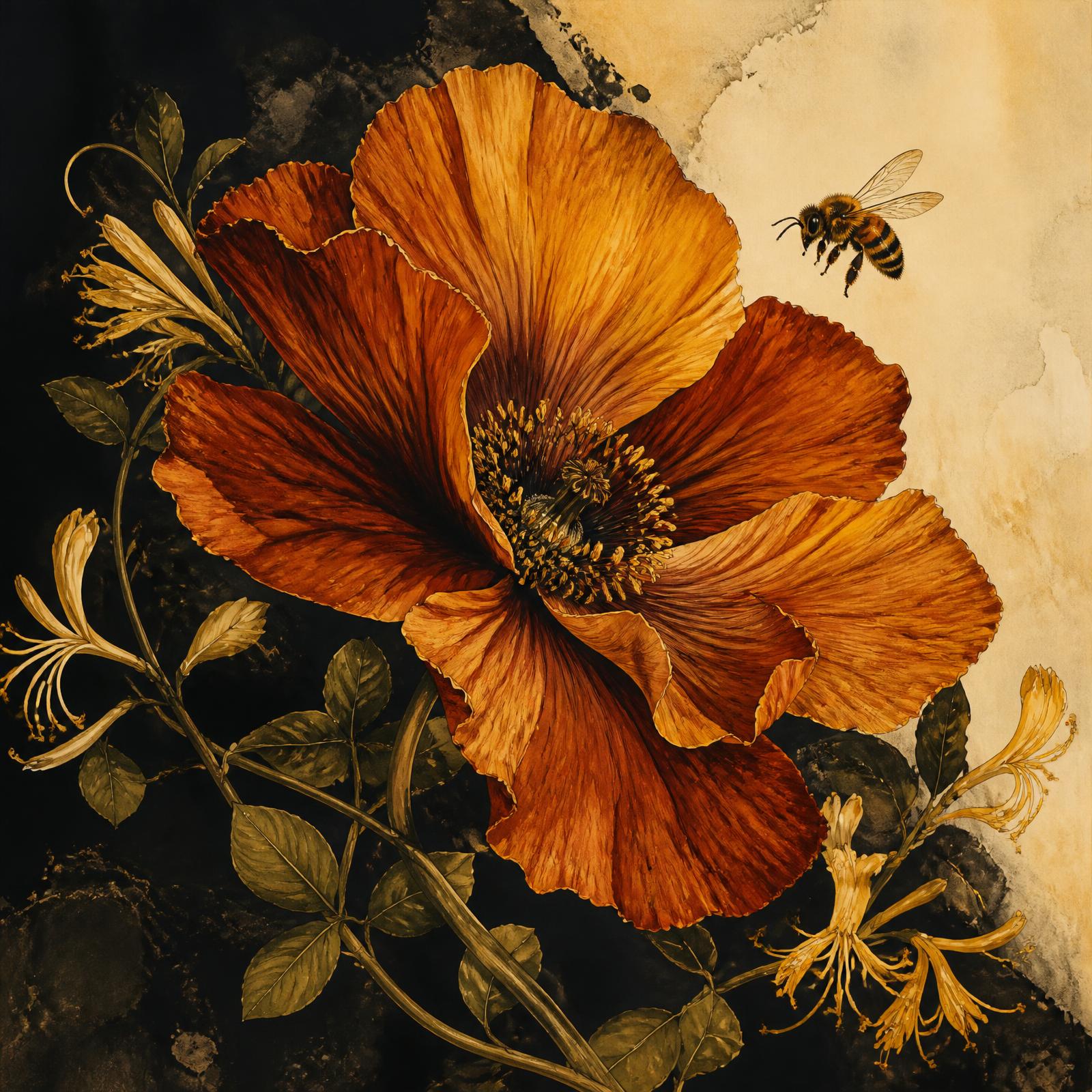 Dark botanical arrangement with peonies, wildflowers, and a honey bee