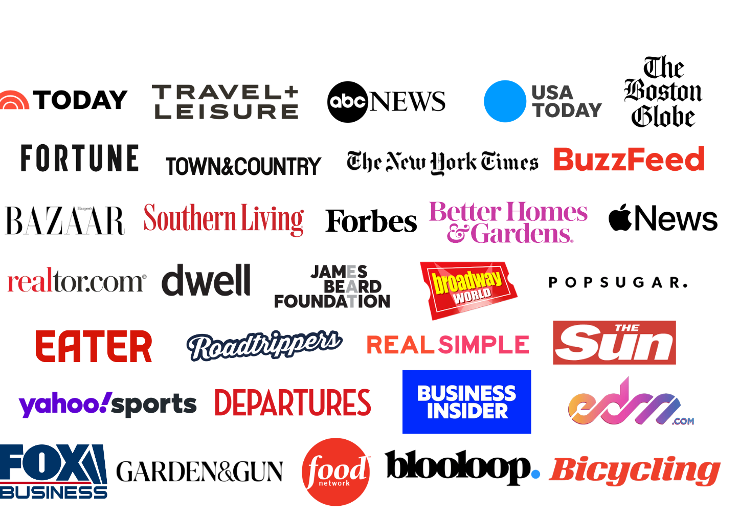 Featured in TODAY, Travel + Leisure, ABC News, USA Today, The Boston Globe, Fortune, Town & Country, The New York Times, BuzzFeed, Harper's Bazaar, Southern Living, Forbes, Better Homes & Gardens, Apple News, realtor.com, Dwell, James Beard Foundation, Broadway World, PopSugar, Eater, Roadtrippers, Real Simple, The Sun, Yahoo! Sports, Departures, Business Insider, EDM.com, Fox Business, Garden & Gun, Food Network, Blooloop, and Bicycling